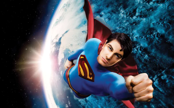 HD wallpaper of Superman from the movie Superman Returns flying majestically above Earth with sunlight in the background.
