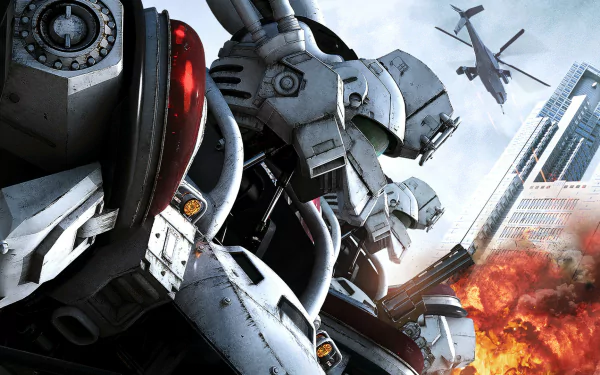 HD PC desktop wallpaper of Mobile Police Patalabor video game: towering white mechs in a burning city block, fighter jet overhead, explosions and skyscrapers.
