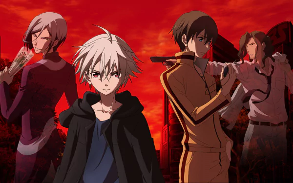 HD anime desktop wallpaper featuring Kensuke Hanasaki, Kogorou Akechi, Kaijin Nijuu Mensou, and Yoshio Kobayashi from Trickster: Edogawa Ranpo Shounen Tanteidan series.