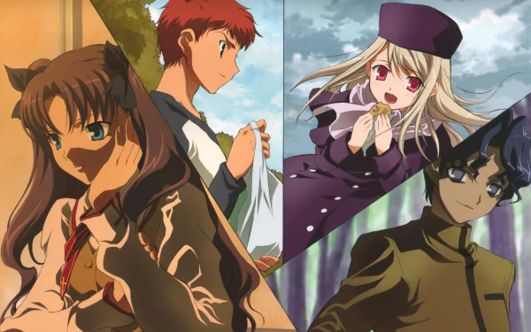 Anime Fate/Stay Night 4K Ultra HD PC desktop wallpaper: four characters — Rin, Shirou, Illyasviel and Shinji — in dynamic poses against sky and urban backdrops.