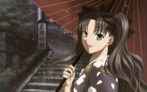 Rin Tohsaka from Fate/Stay Night stands holding a traditional umbrella in a serene, rainy night setting. 4K Ultra HD anime desktop wallpaper.