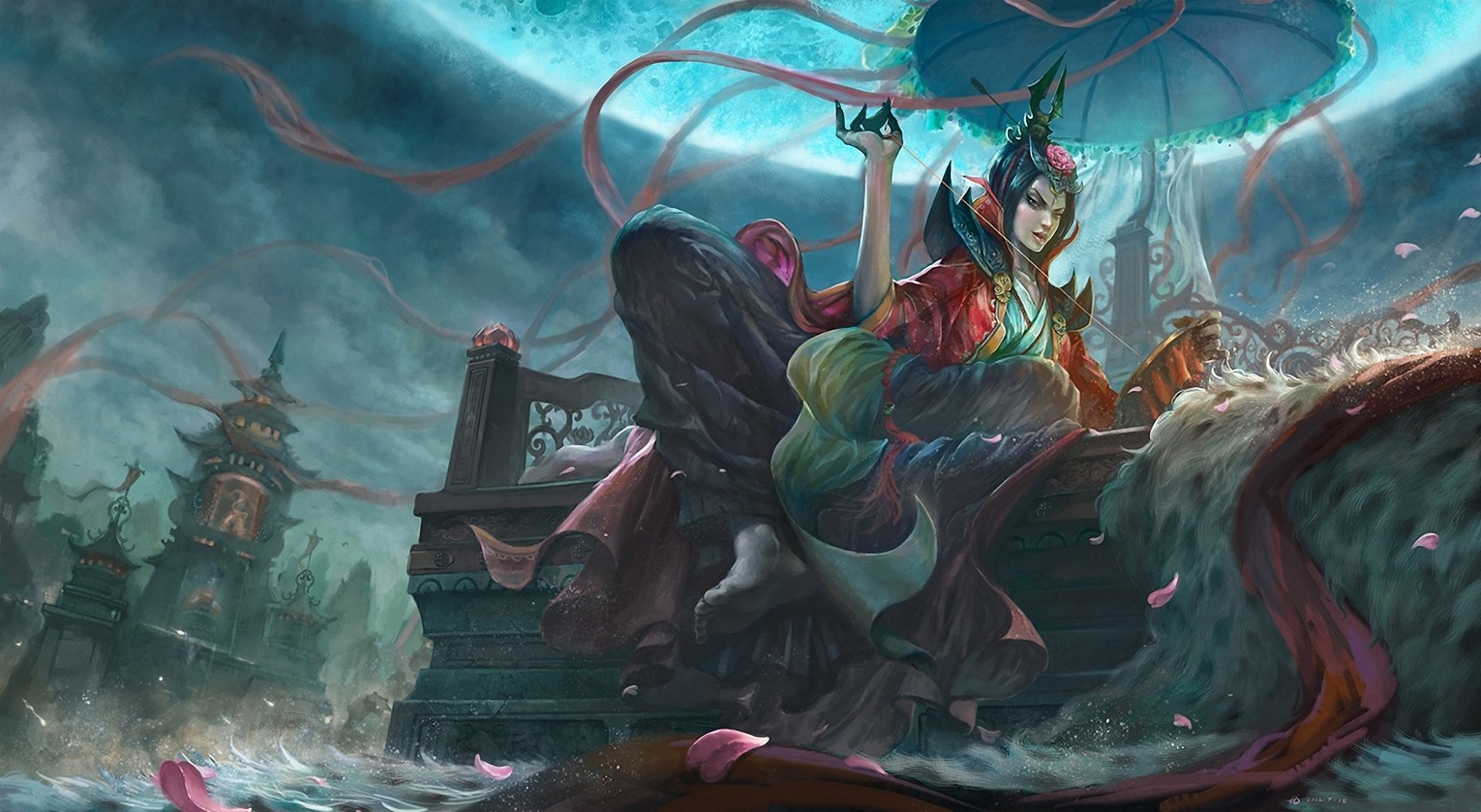 HD fantasy desktop wallpaper depicting an evil oriental sorceress wielding dark magic beneath a stormy sky in a mystical, ancient setting.