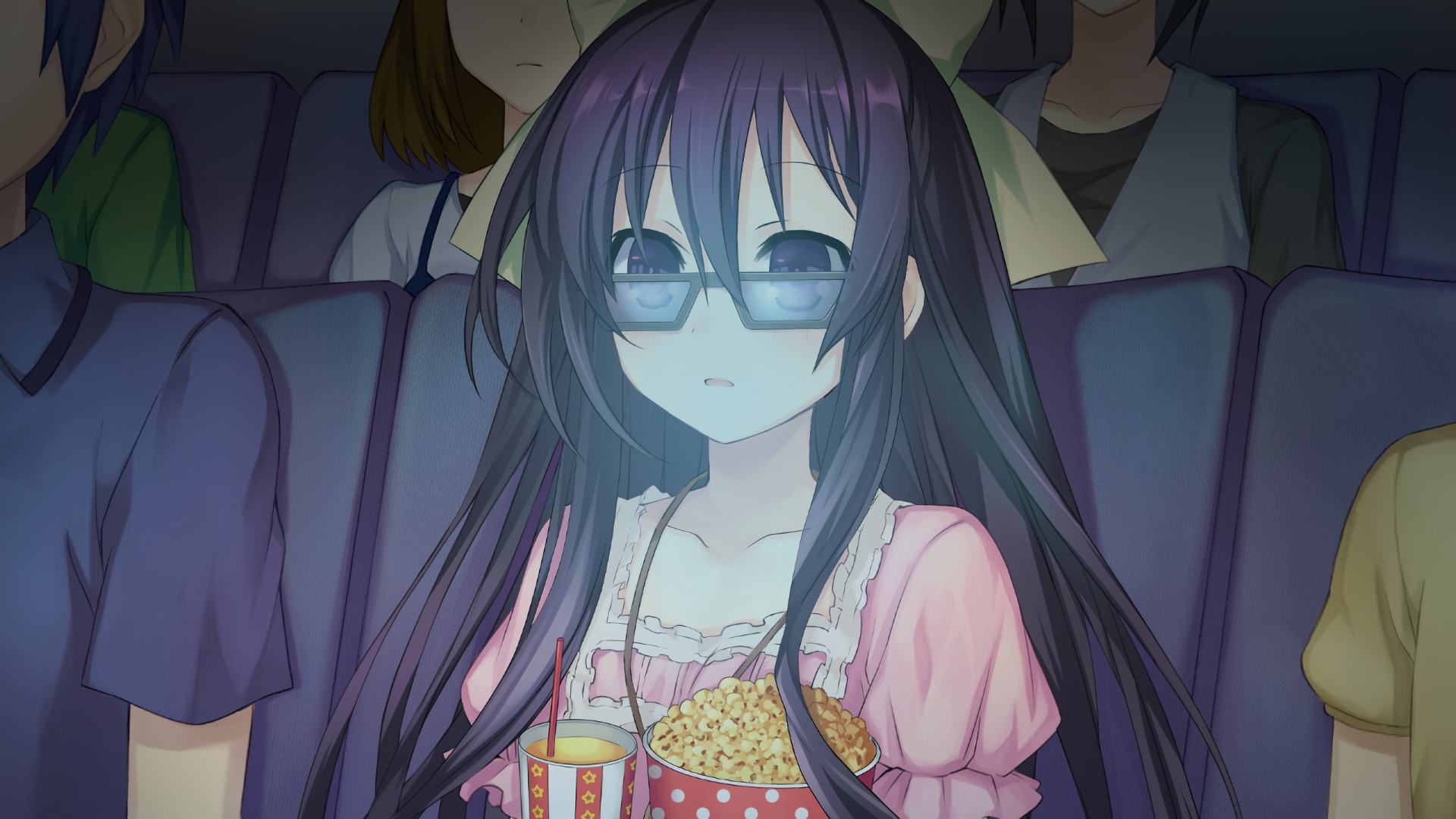 Tohka Yatogami from Date A Live in an anime-style HD PC desktop wallpaper, shown wearing glasses and holding popcorn in a dark theater setting.