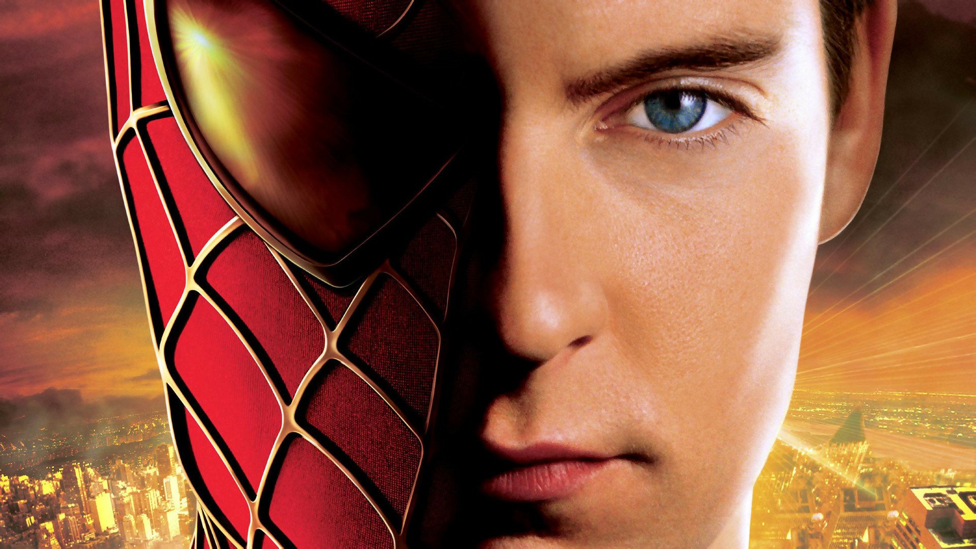 HD PC desktop wallpaper featuring a close-up of Spider-Man 2 with half of Spider-Man’s mask and half of Peter Parker’s face against a cityscape background.