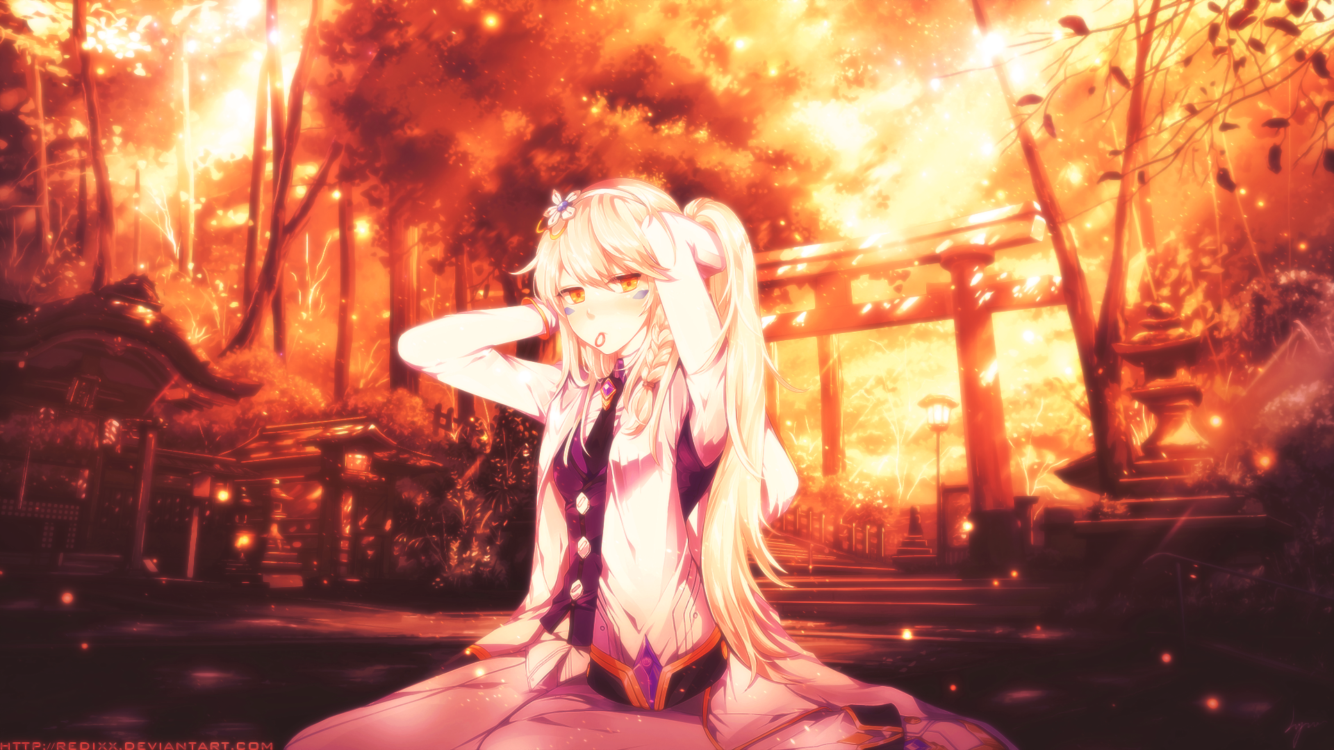 HD anime desktop wallpaper featuring an original character with long white hair in a serene, golden-lit forest background, evoking a peaceful and mystical atmosphere.