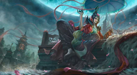 HD fantasy desktop wallpaper depicting an evil oriental sorceress wielding dark magic beneath a stormy sky in a mystical, ancient setting.