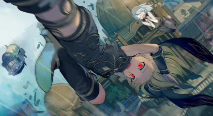 HD PC desktop wallpaper featuring dynamic artwork from the video game Gravity Rush, showcasing characters in mid-air with a vibrant cityscape backdrop.