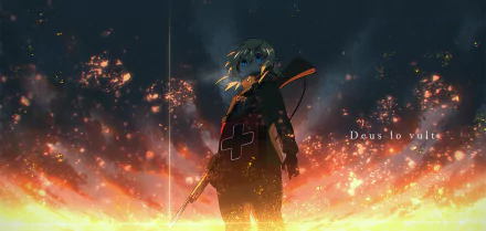 HD desktop wallpaper featuring Tanya Degurechaff from the anime Youjo Senki, standing defiantly against a fiery backdrop with dramatic lighting and the text Deus lo vult to the right.