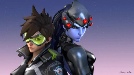 HD desktop wallpaper featuring Widowmaker and Tracer from Overwatch. Tracer is facing forward with a confident smile, while Widowmaker stands back-to-back with her, looking serious against a gradient sky background.