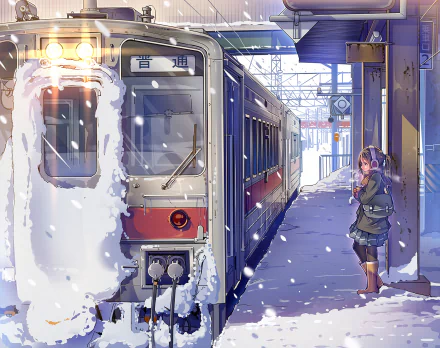 An anime-style winter scene at a train station. A train covered in snow is stopped at the platform while a person stands nearby, surrounded by falling snow. HD desktop wallpaper.