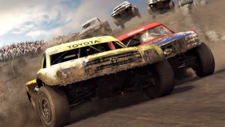 HD desktop wallpaper showing rugged rallye vehicles racing through a dirt track, kicking up dust under a cloudy sky.
