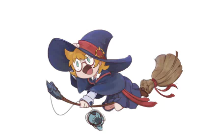 HD PC desktop wallpaper featuring Lotte Yanson from the anime Little Witch Academia, depicted flying on a broomstick with her signature hat and glasses.
