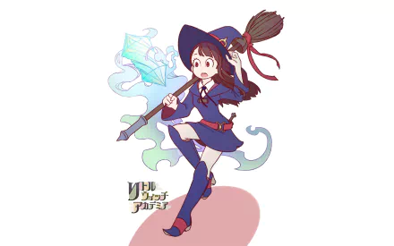 Atsuko Kagari in her witch outfit from Little Witch Academia, casting a spell with a glowing broom, depicted in an anime style HD PC desktop wallpaper.