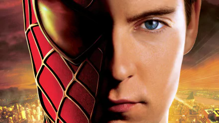 HD PC desktop wallpaper featuring a close-up of Spider-Man 2 with half of Spider-Man’s mask and half of Peter Parker’s face against a cityscape background.