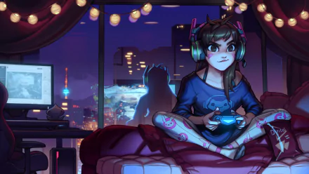 HD desktop wallpaper of D.Va from Overwatch, showing her gaming in a cozy room with city lights in the background. Bright and detailed for fans of the video game Overwatch.