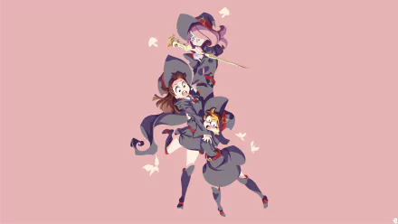HD wallpaper featuring Sucy Manbavaran, Lotte Yanson, and Atsuko Kagari from the anime Little Witch Academia on a pink background.