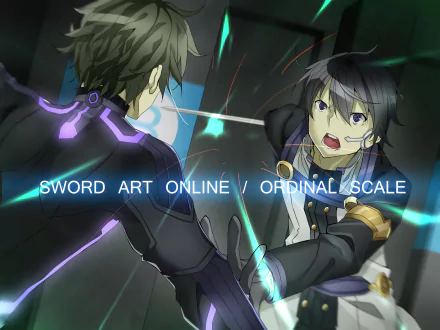 HD desktop wallpaper from Sword Art Online Movie: Ordinal Scale featuring characters Kazuto Kirigaya (Kirito) and Eiji in an intense sword battle scene.