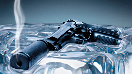 HD PC desktop wallpaper: close-up of a silenced pistol resting on a block of ice with curling smoke — Die Another Day movie background.