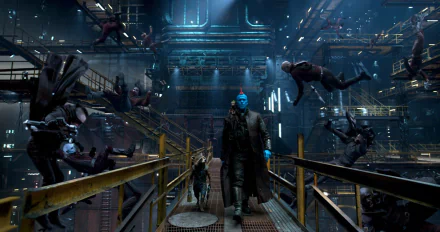 HD PC desktop wallpaper featuring Rocket Raccoon from the movie Guardians of the Galaxy Vol. 2 in a dynamic action scene inside an industrial setting.
