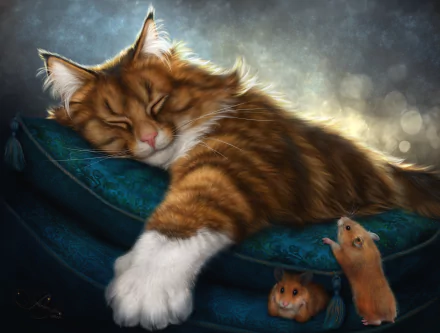 A fantasy HD wallpaper featuring a sleeping cat resting on a blue cushion, with two curious mice peeking out from below.