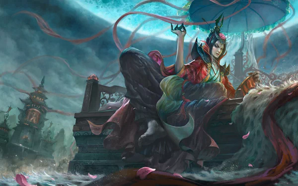 HD fantasy desktop wallpaper depicting an evil oriental sorceress wielding dark magic beneath a stormy sky in a mystical, ancient setting.
