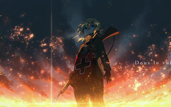 HD desktop wallpaper featuring Tanya Degurechaff from the anime Youjo Senki, standing defiantly against a fiery backdrop with dramatic lighting and the text Deus lo vult to the right.