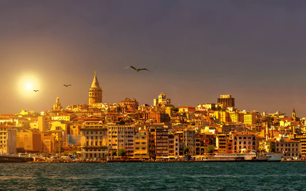 HD wallpaper of Istanbul, Turkey with a golden-hued cityscape bathed in sunlight. The Galata Tower stands prominently as birds fly over the serene water in the foreground.