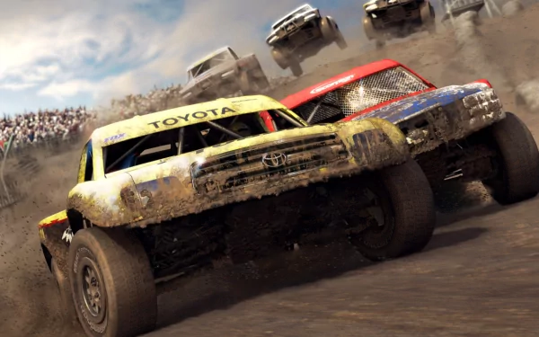 HD desktop wallpaper showing rugged rallye vehicles racing through a dirt track, kicking up dust under a cloudy sky.