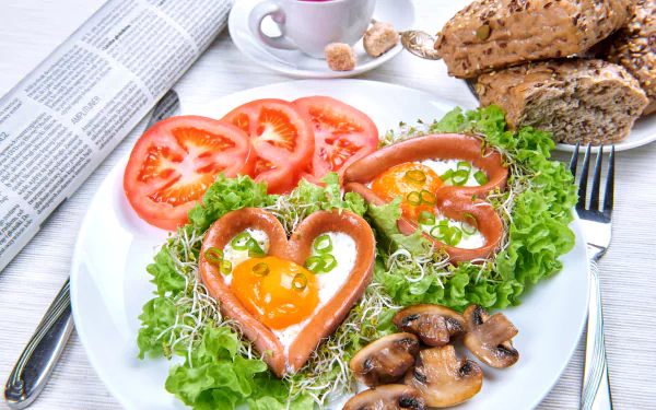 8K Ultra HD PC desktop wallpaper: heart-shaped tomato rings filled with eggs on lettuce, sliced tomatoes, sautéed mushrooms, sprouts and multigrain bread — colorful breakfast meal.