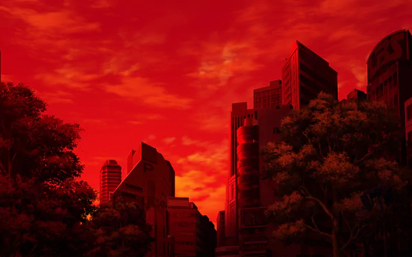 HD anime desktop wallpaper featuring a vibrant red sky over a cityscape from Trickster: Edogawa Ranpo Shounen Tanteidan, blending urban silhouettes with dramatic lighting.