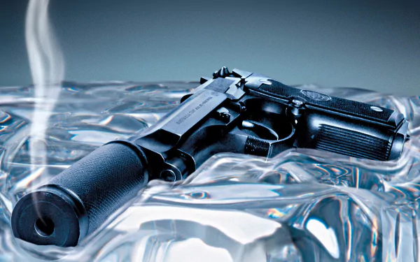 HD PC desktop wallpaper: close-up of a silenced pistol resting on a block of ice with curling smoke — Die Another Day movie background.
