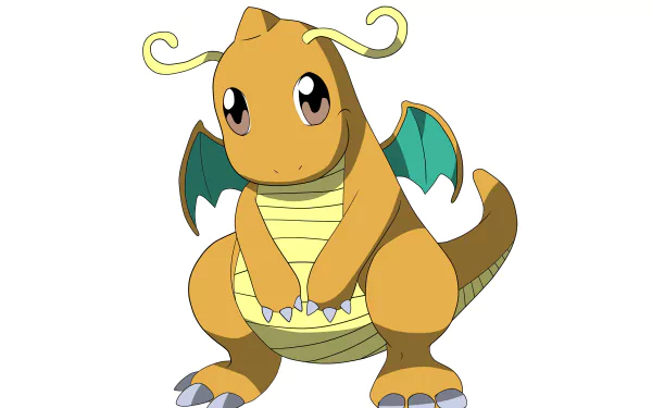 HD desktop wallpaper featuring Dragonite from the Pokémon anime series, showcasing the dragon-type Pokémon with its characteristic orange body, small wings, and large, expressive eyes.