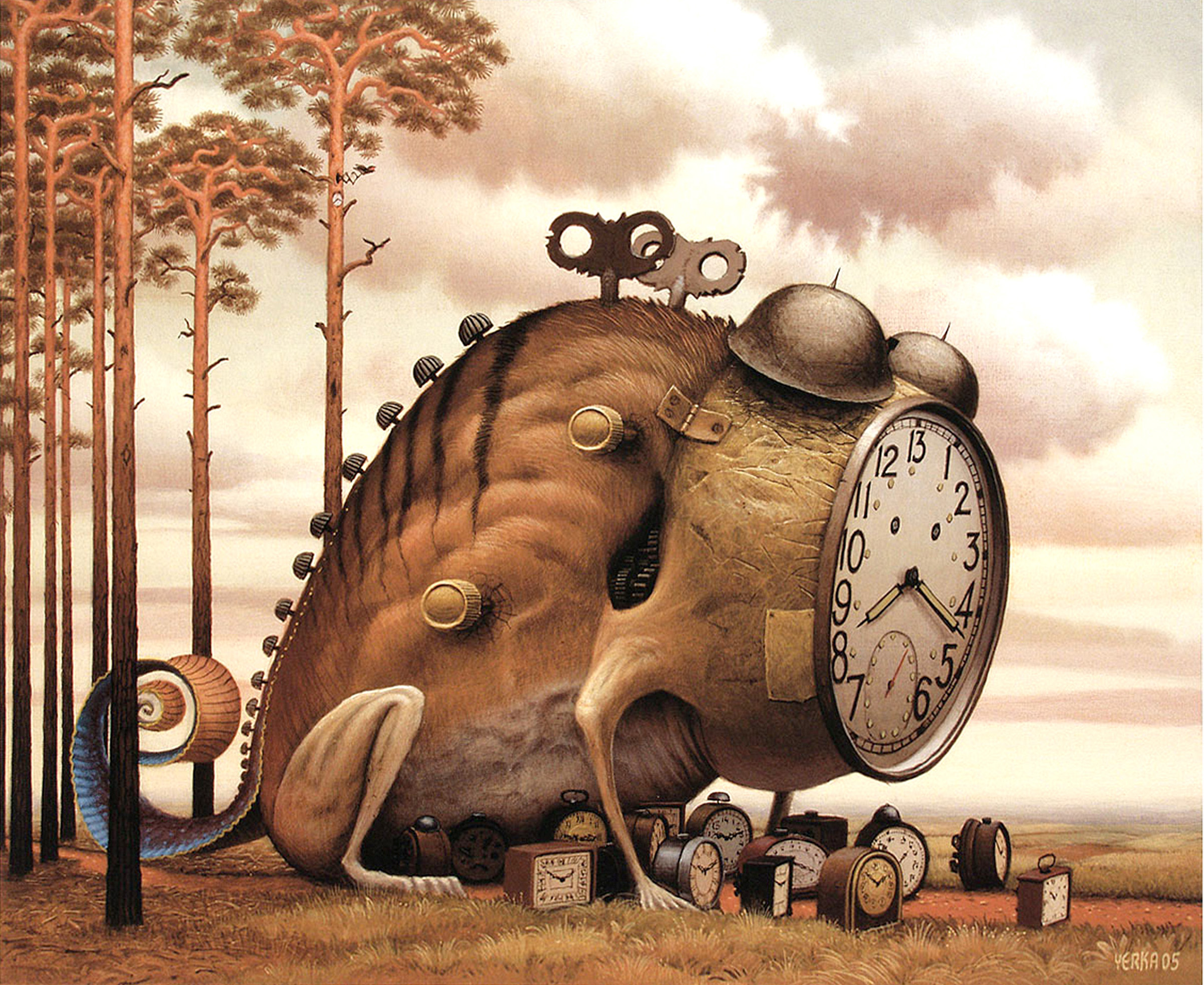 Surreal forest scene with a cloud-filled path, a creature, and a clock.