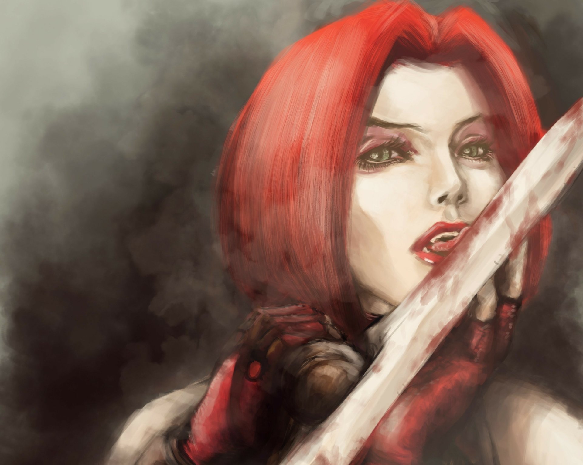 2K Quad HD PC desktop wallpaper/background: red-haired vampire woman with crimson lips and a sword, painted fantasy portrait against a smoky backdrop.