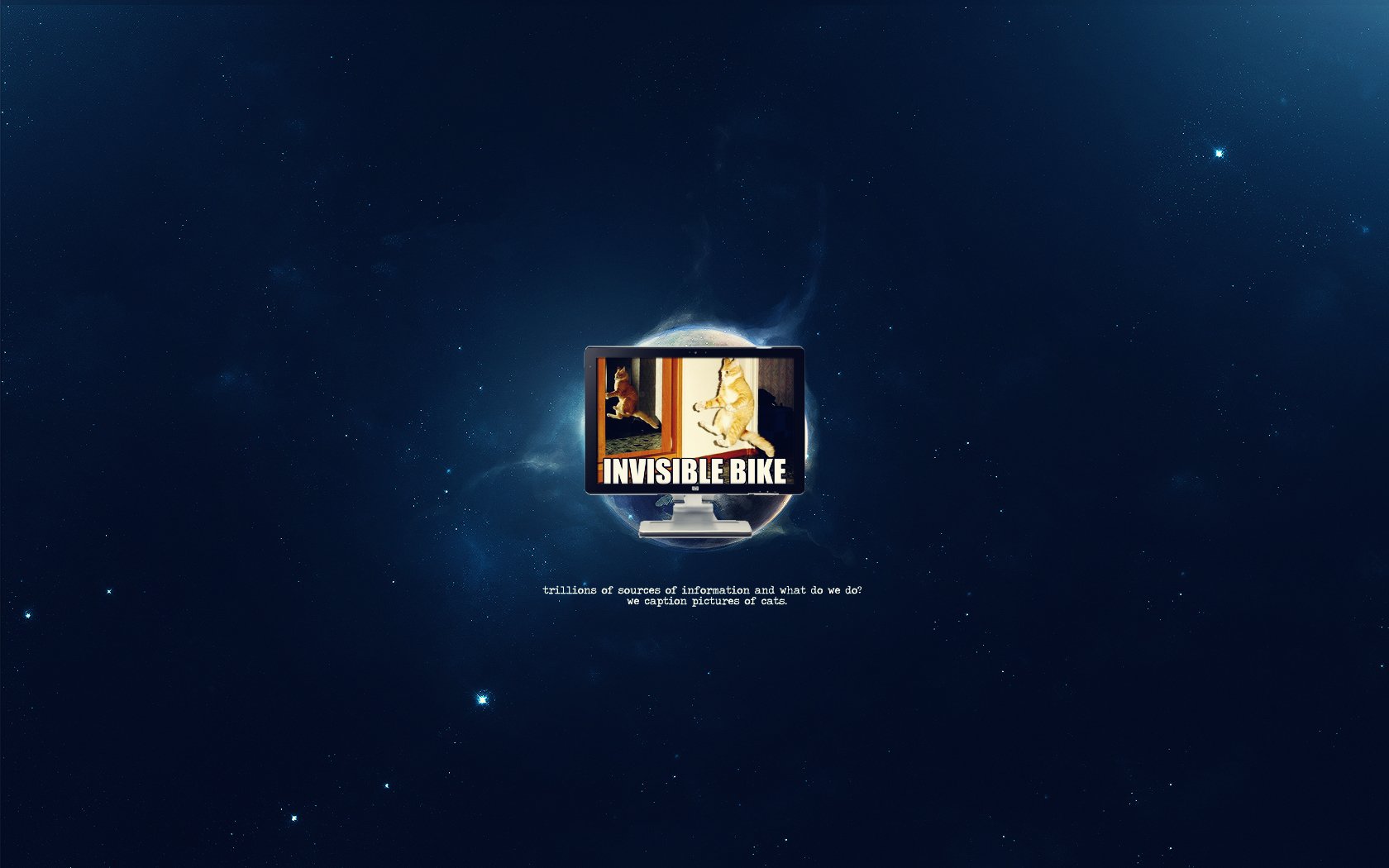 HD PC desktop wallpaper featuring a funny, mocking image of a person riding an invisible bike displayed on a computer screen against a dark, starry background.