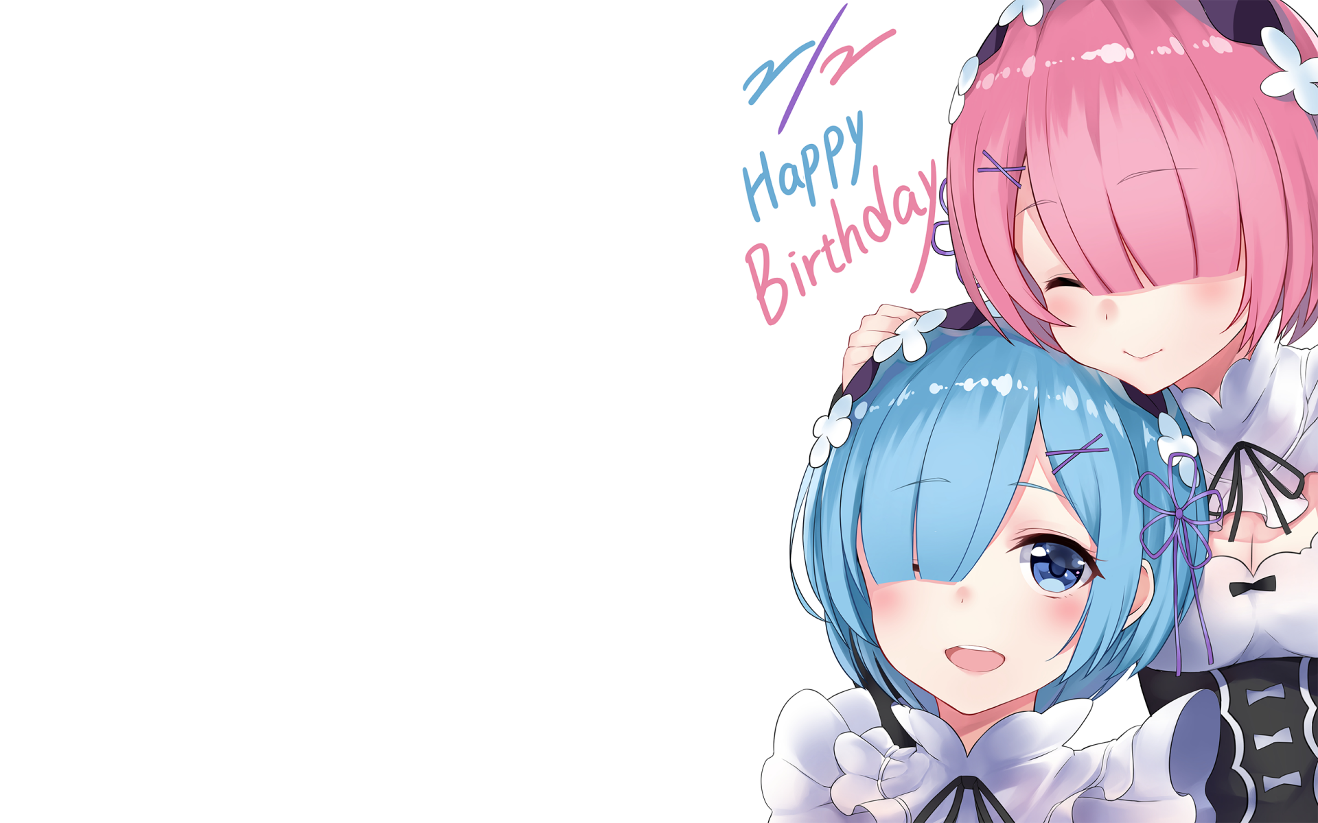 HD desktop wallpaper featuring Ram and Rem from the anime Re:Zero – Starting Life in Another World, with a cheerful Happy Birthday message.