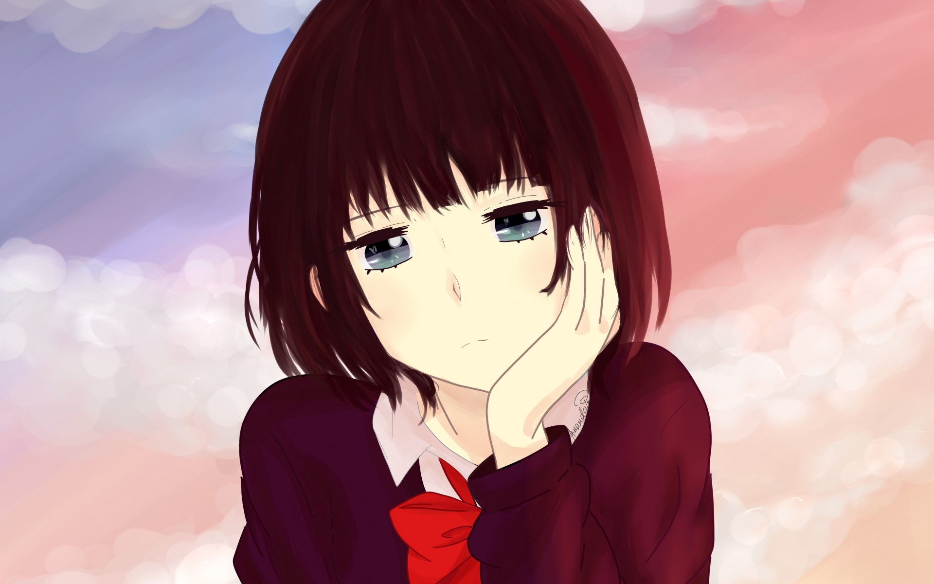 4K Ultra HD anime wallpaper featuring Hanabi Yasuraoka from Kuzu no Honkai with a contemplative expression against a soft pastel sky background.