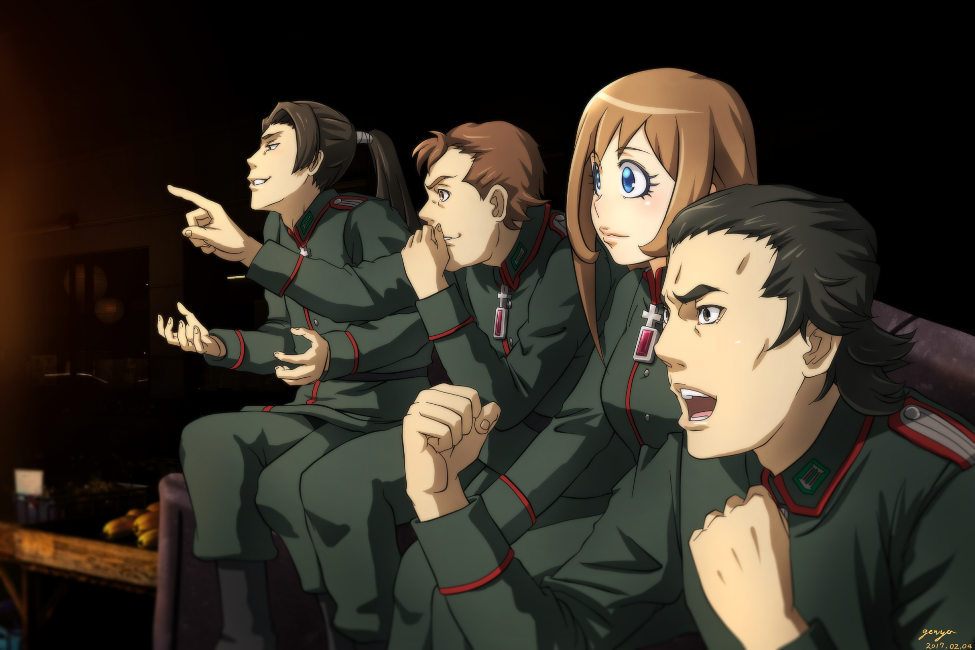 Anime HD desktop wallpaper featuring characters from Youjo Senki. Four characters in military uniforms exhibit emotions of excitement and anticipation against a dark background.