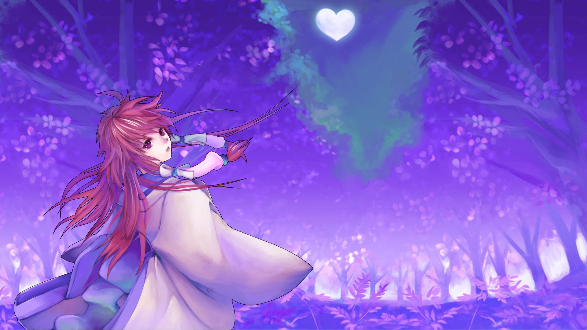 HD PC desktop wallpaper of Athear from the video game Other Age: Second Encounter — red-haired heroine in a flowing dress in a purple enchanted forest, a glowing heart hovering above.
