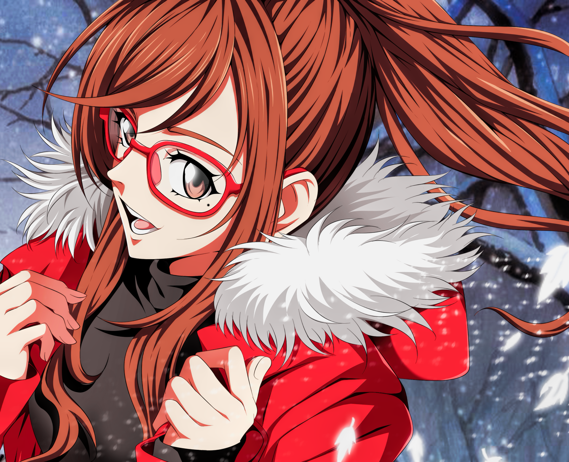 Koyuki Hinashi from Fuuka — anime 2K Quad HD PC desktop wallpaper: red-haired girl with red glasses and a fur-trimmed coat in a snowy forest background.