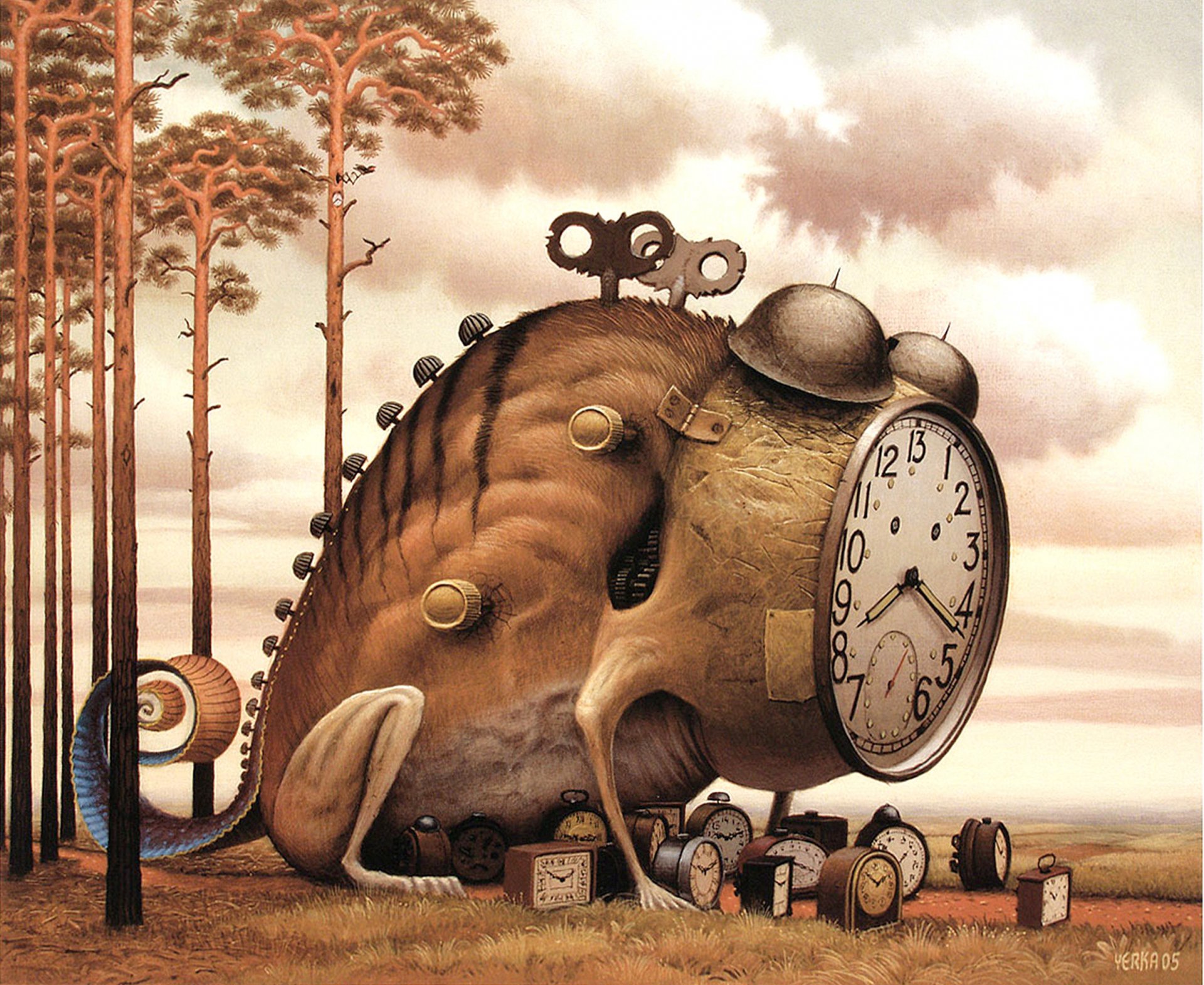 A surreal creature with clock features stands on a path in a forest, under a cloudy sky. This abstract HD wallpaper blends time and nature in a captivating design.