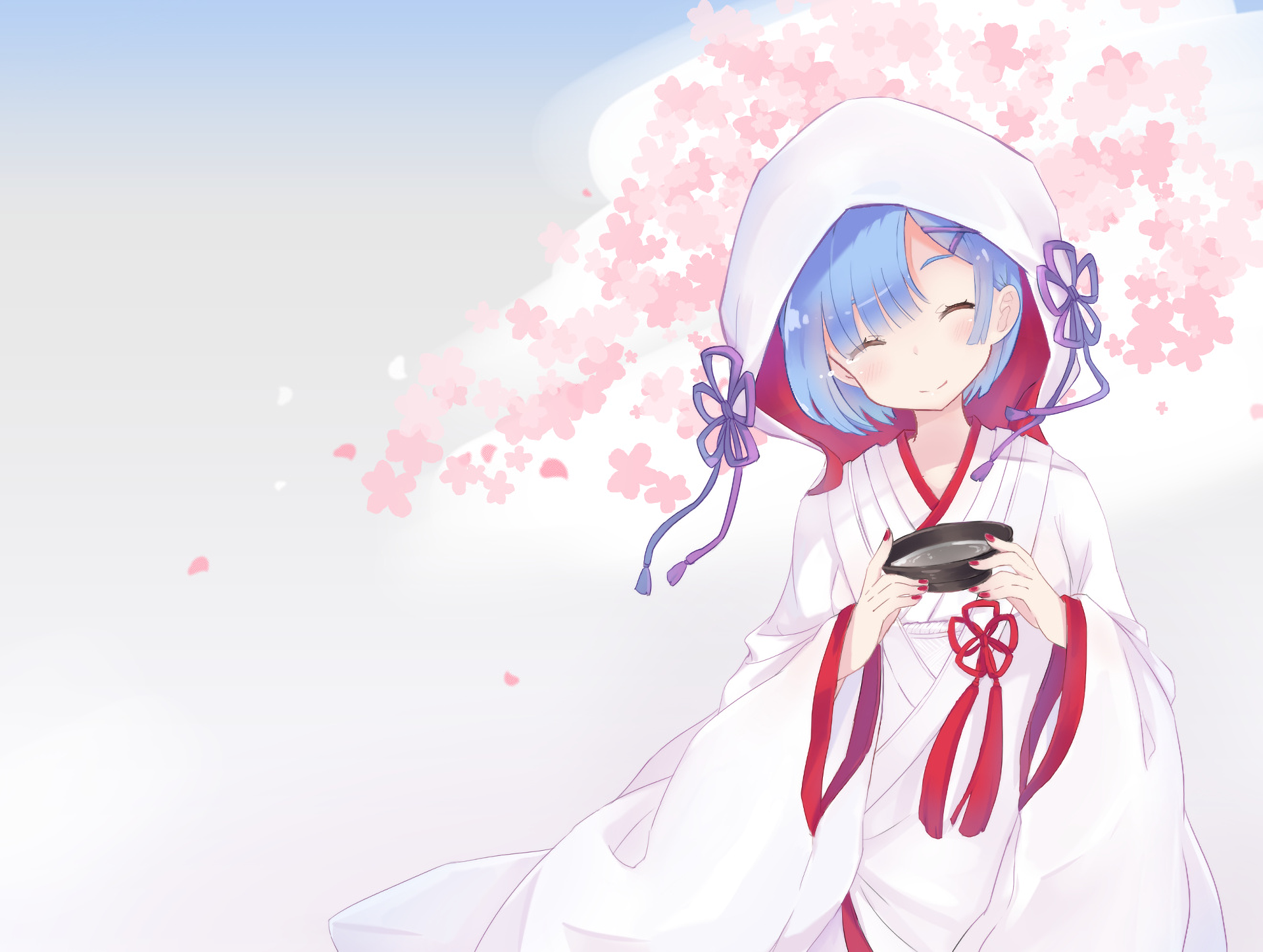 A peaceful HD desktop wallpaper of Rem from Re:Zero - Starting Life in Another World, dressed in traditional attire with cherry blossoms in the background.