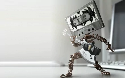A quirky HD desktop wallpaper featuring a playful figure with a cassette tape head playing a guitar, embodying a fusion of music and humor in a fun, weird design.