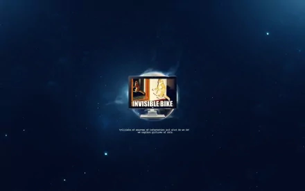 HD PC desktop wallpaper featuring a funny, mocking image of a person riding an invisible bike displayed on a computer screen against a dark, starry background.