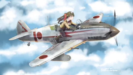 Anime aviator girl piloting a vintage fighter over sunlit clouds — HD PC desktop wallpaper and background.