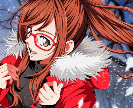 Koyuki Hinashi from Fuuka — anime 2K Quad HD PC desktop wallpaper: red-haired girl with red glasses and a fur-trimmed coat in a snowy forest background.