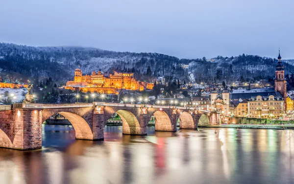 castle winter light night river bridge Germany man made Heidelberg Castle winter night HD Desktop Wallpaper | Background Image