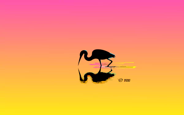 Minimalist HD desktop wallpaper featuring a silhouette of an ibis bird with its reflection in colorful water, against a gradient background of pink, orange, and yellow.