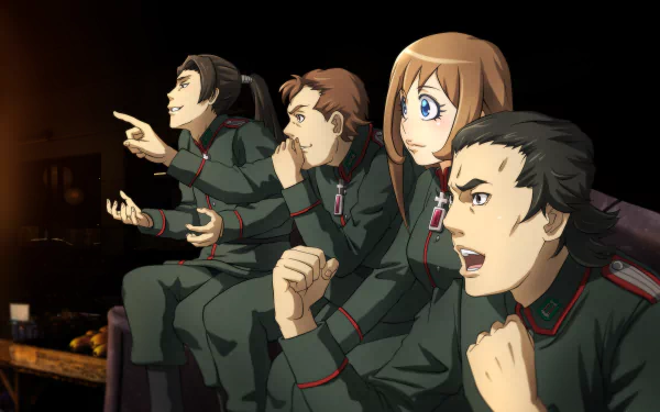 Anime HD desktop wallpaper featuring characters from Youjo Senki. Four characters in military uniforms exhibit emotions of excitement and anticipation against a dark background.