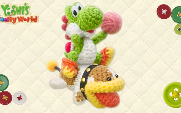 HD desktop wallpaper from Yoshi's Woolly World, featuring a knitted Yoshi character and a woolly environment with buttons.